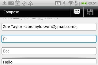 Press Cc or Bcc and key in the first letters of the required contact.Matching contacts are displayed.