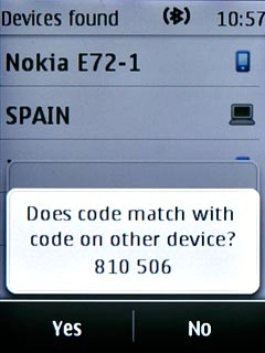 Check that the same access code is displayed on both devices and press Yes.You also need to accept the access code on the other device.The new device is displayed on the list of paired devices.