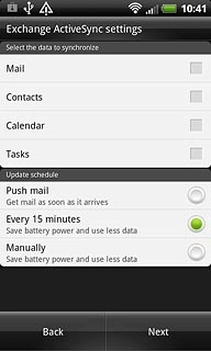 Press Mail, Contacts and Calendar to turn synchronisation on or off.