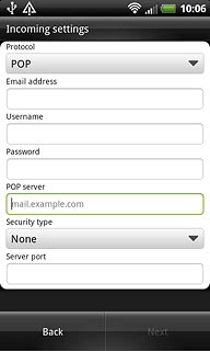 Press the field below POP server and key in the address of the incoming server.