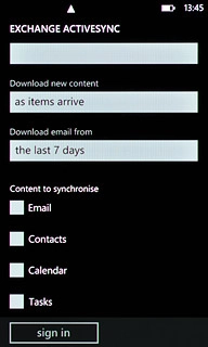 Press Email, Contacts, Calendar and Tasks to turn synchronisation of each data type on or off.