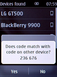Check that the same access code is displayed on both devices and press Yes.You also need to accept the access code on the other device.The new device is displayed on the list of paired devices.