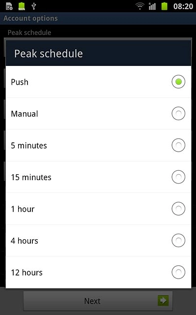 Press Push, Manual or the required frequency.Please note:Each time your phone connects to the server to synchronise, data charges will apply.