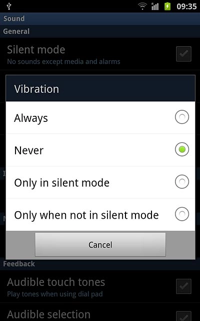 To turn off vibration:Press Never.