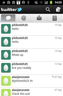 You can now use the application.Please note that Twitter isn't part of the original application package and therefore only a general description is given here.You have a number of options, such as:Write status updatesView status updates from people you followView messages sent directly to youSelect application settings