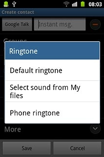 Press Default ringtone, Select sound from My files or Phone ringtone.