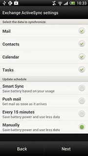 Press Mail, Contacts, Calendar or Tasks to turn synchronisation on or off.