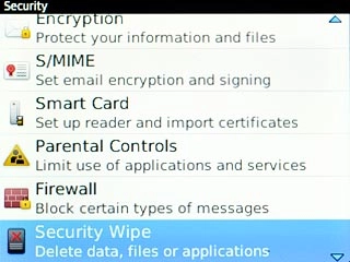 Scroll to Security Wipe and press the Navigation key.
