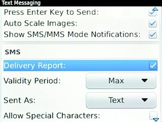 Scroll to Delivery Report and press the Navigation key to turn request for delivery reports on or off.