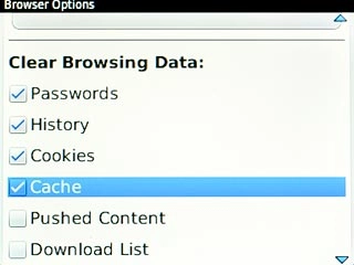 Scroll to Cache below Clear Browsing Data and press the Navigation key.