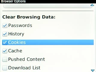 Scroll to Cookies below Clear Browsing Data and press the Navigation key.