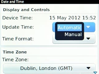 Scroll to Automatic or Manual and press the Navigation key to turn automatic date and time update on or off.