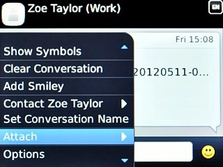 Scroll to Attach and press the Navigation key.Choose one of the following options:Insert picture, go to 4a.Insert video clip, go to 4b.Insert audio file, go to 4c.