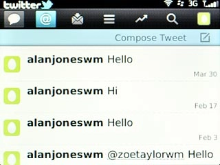 Scroll to the mentions icon (@) and press the Navigation key.The replies to your status updates are displayed.