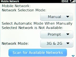 If manual network selection is turned on:Scroll to Scan for Available Networks and press the Navigation key.