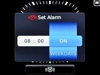 Highlight ON or WEEKDAYS next to the alarm time and press the Navigation key to turn on the alarm.