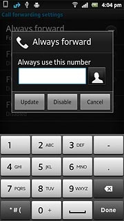 Press Disable.A request to cancel the divert is sent to the network.Repeat until all diverts have been cancelled.