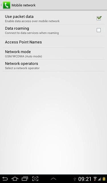 Press Data roaming to turn the function on or off.
