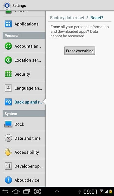 Press Erase everything.Wait while your device restores the factory default settings.Follow the instructions on the display to configure your device and prepare it for use.