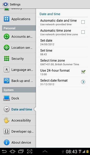 Press Automatic date and time to turn the function on or off.