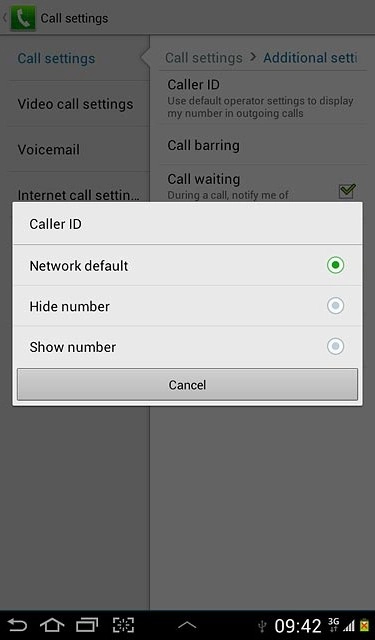 Press Network default, Hide number or Show number.