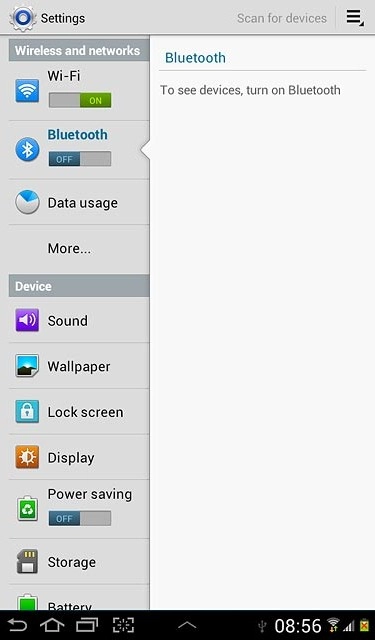 Press the field below Bluetooth to select ON or OFF.