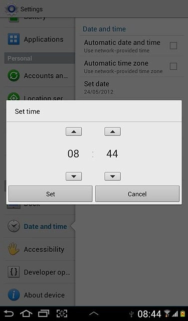 Press arrow up or arrow down next to hours and minutes to set the time.