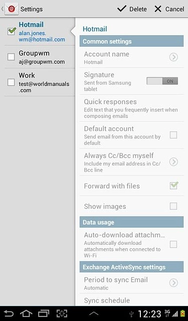 When the box next to an email account is ticked (V), the account is selected.