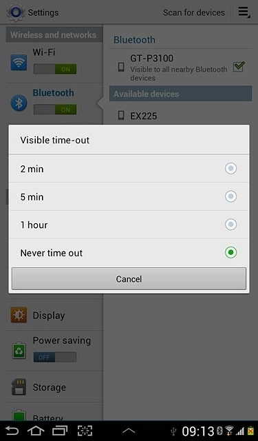 Press Never time out or the required setting.