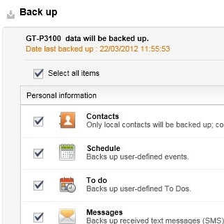 When the box next to the menu item is ticked (V), all data types will be backed up.