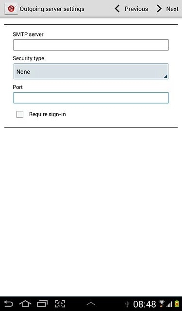 If you turn on SMTP authentication:Follow the instructions on the display to key in the username and password for your email account.Please note that if you're using Vodafone's outgoing server, turn off SMTP authentication and leave the username and password fields empty.Press Next.