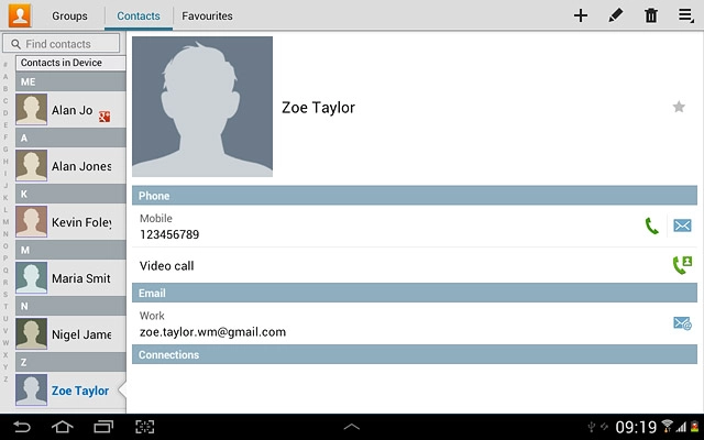 Press the required contact.The contact details are displayed.