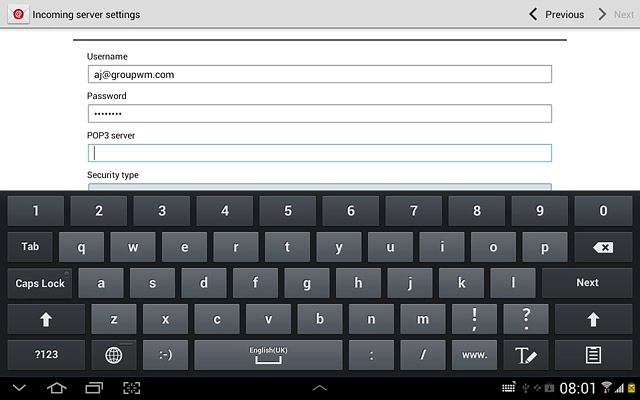Press the field below POP3 server and key in the name of your email provider's incoming email server.