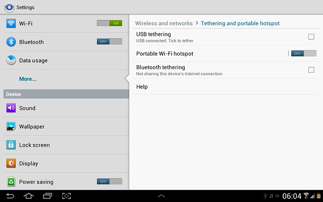 Press USB tethering to turn on tethering.
