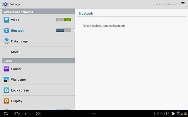 Press the field next to Bluetooth to select ON or OFF.