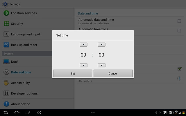 Press arrow up or arrow down next to hours and minutes to set the time.