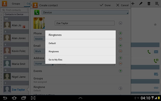 If you select Default:The ring tone corresponds to the default setting.