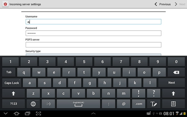 Press the field below Username and key in the username for your email account.
