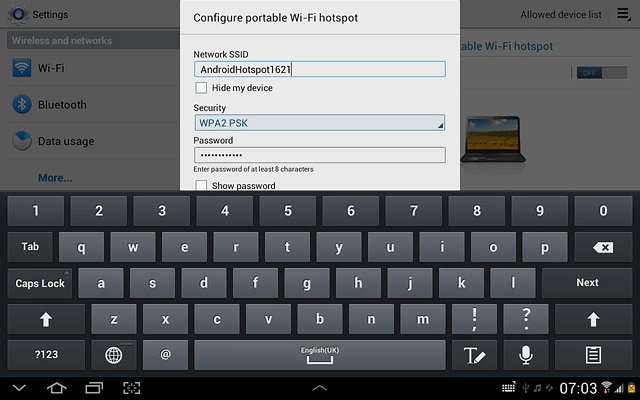 Press the field below Network SSID and key in the required name for the Wi-Fi hotspot.