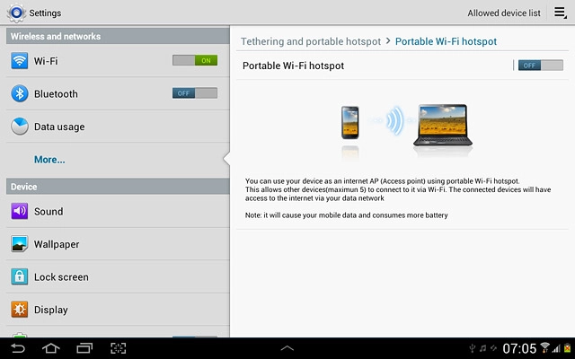 Press the field next to Portable Wi-Fi hotspot to select ON.