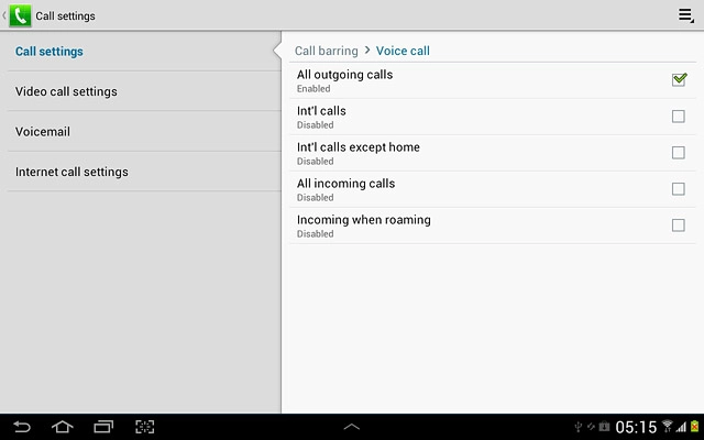 When the box next to the menu item is ticked (V), call barring is turned on.
