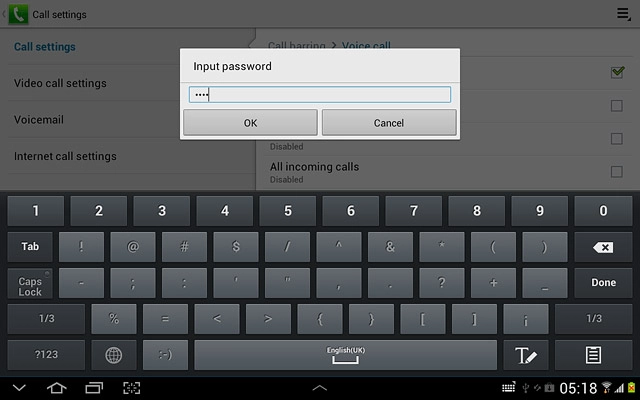 Key in your barring password (default is 0000), and press OK.