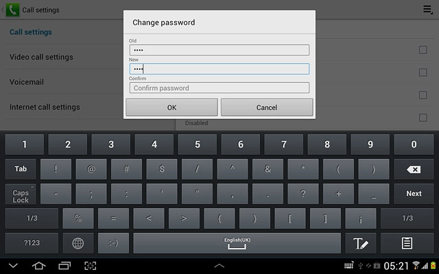 Press Confirm password and key in the new barring password again.