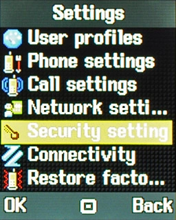 Scroll to Security settings and press the Navigation key.