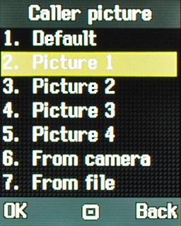 Highlight the required picture, From camera or From file and press the Navigation key.