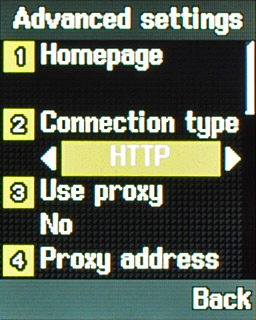 Highlight the field below Connection type and press Navigation key right to select HTTP.