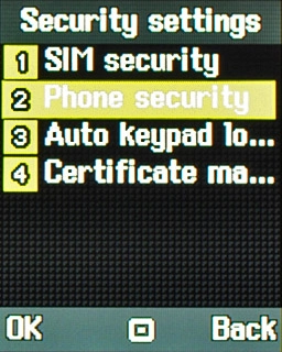 Scroll to Phone security and press the Navigation key.