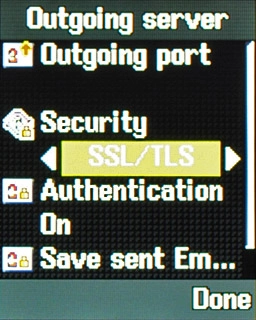 Highlight the field below Security and press Navigation key right to select SSL/TLS, StartTLS or Off.