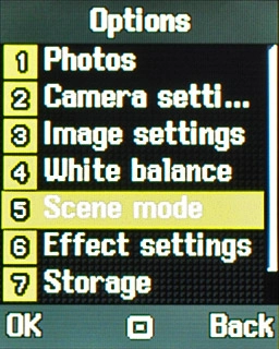 Scroll to Scene mode and press the Navigation key.