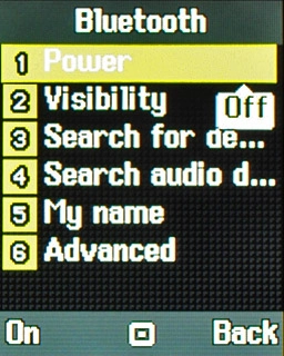 Scroll to Power and press the Navigation key.Depending on the current setting, Bluetooth is turned on or off.